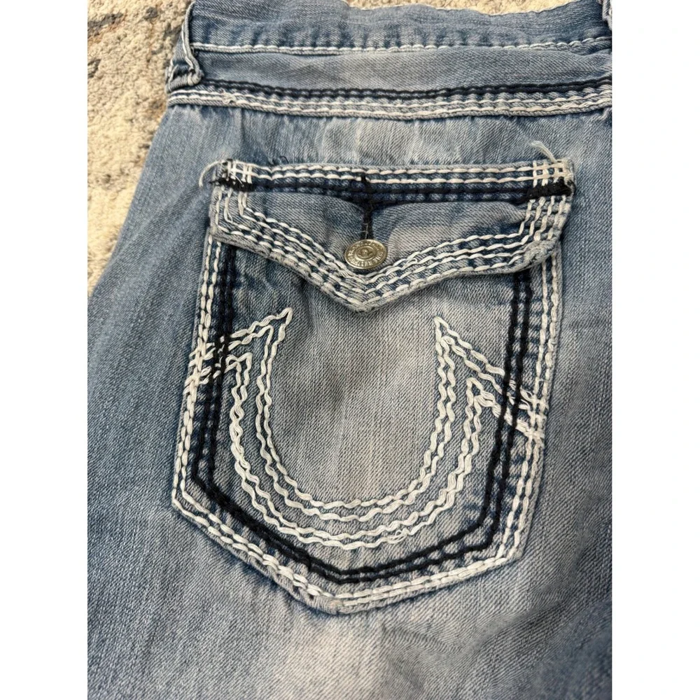 True Religion Straight Leg Jeans Mens 38 Medium‎ Wash White Contrast Stitch Y2K